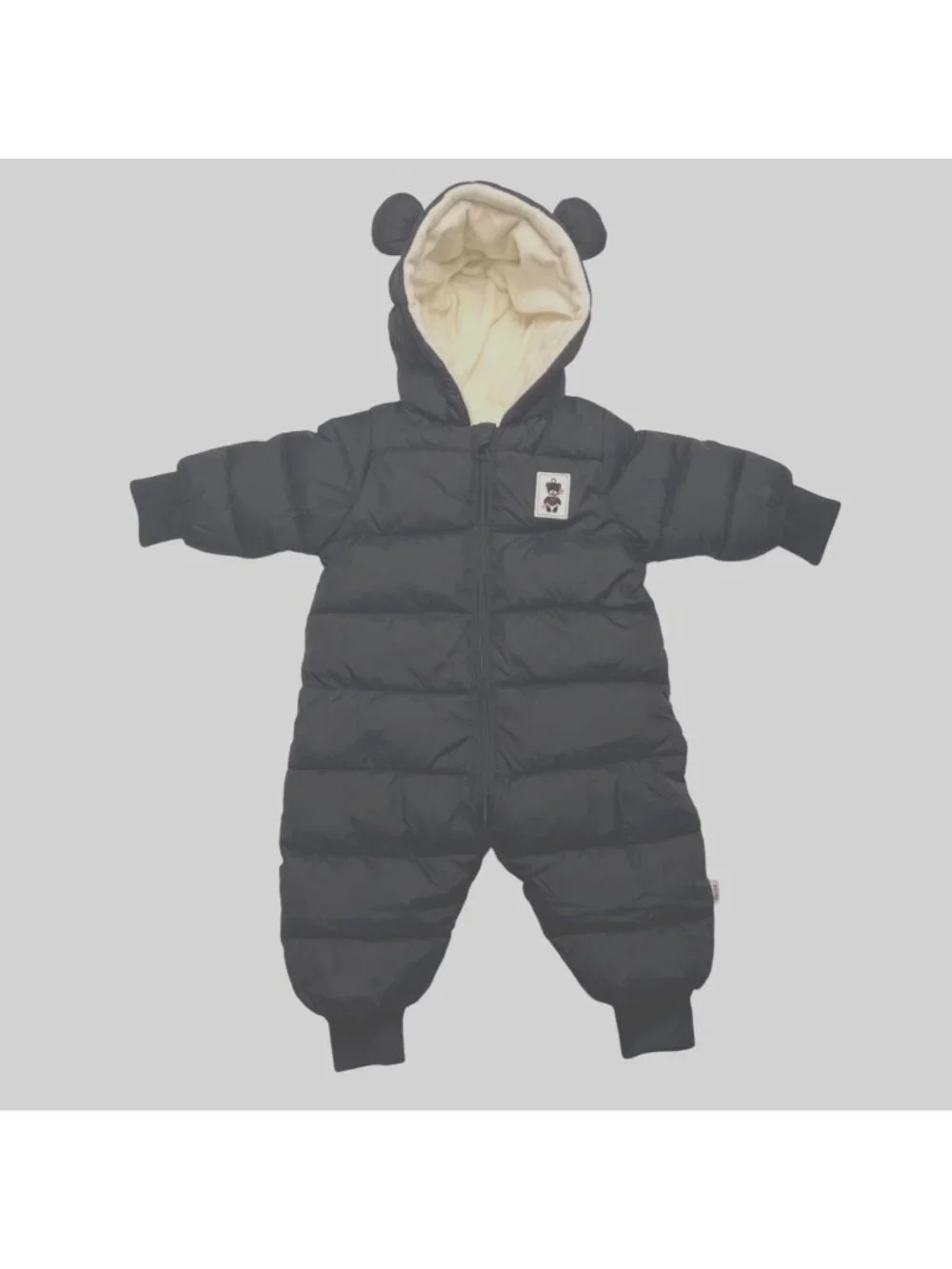 Tian Zong Bear Hooded Black Puffer Snowsuit W Ears Zip Closure Fleece Lined